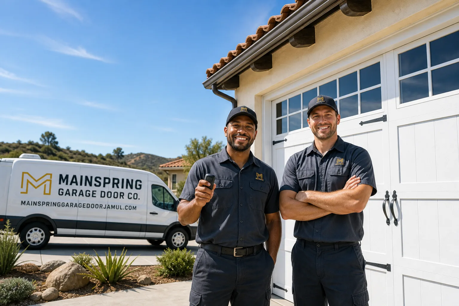 Mainspring Garage Door Co. garage door service vehicle and crew in Jamul, CA